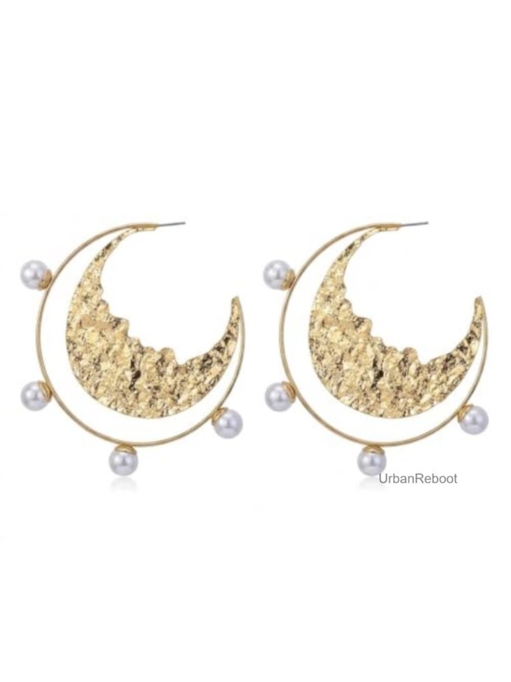 Hammered Gold Crescent Moon Earrings Faux Pearl Hoop Statement
